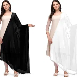 Chiffon Solid Black, White Women Dupatta-image-11