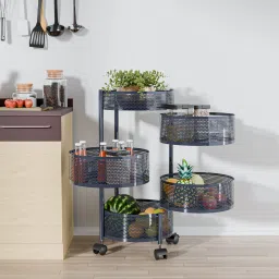 4+1 Layer Kitchen Storage Rack with Wheels | Round Shape - Dark Grey Iron Kitchen Trolley-image-41
