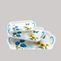 flowers Design Rectangular Shape Plastic Serving Tray Set with Handle | Tray-image-18