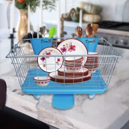 Dish Drainer Kitchen Rack dish Drainer Kitchen Rack Basket with blueCutlery Holder & Tray Steel-image-27