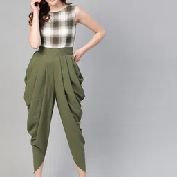 Zima Leto Women Olive Green & Off-White Checked Culotte Jumpsuit-24