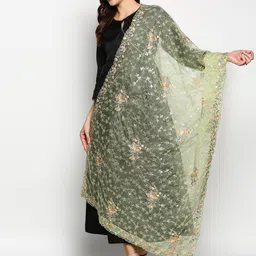 Dupatta Bazaar Green & Red Floral Embroidered Organza Dupatta-49