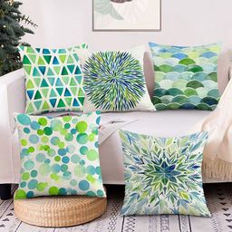 AEROHAVEN Blue, Green & White Set of 5 Digital Printed Velvet Square Cushion Covers-11