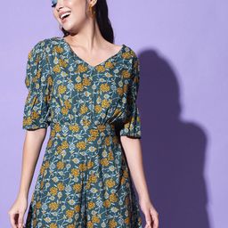Trend Arrest Floral Printed V-Neck Puff Sleeves Playsuit-61