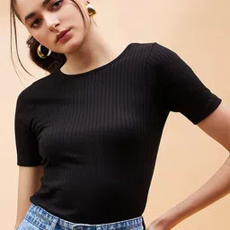 SASSAFRAS BASICS Black Ribbed Round Neck Bodysuit-image-33