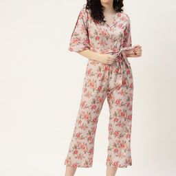 Sleek Italia V Neck Flared Sleeve Floral Printed Waist Tie-Ups Basic Jumpsuit-picture-31