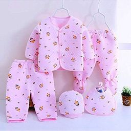PIKIPOO Unisex-Kids Pink Printed Cotton 5-Pieces Baby Apparel Gift Set-31