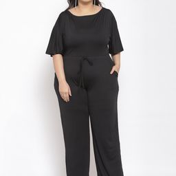 Iki chic Women Black Round Neck Solid Culotte Jumpsuit With Waist Tie-Ups-image-69