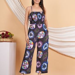KALINI Printed Shoulder Straps Smoking Detail Basic Jumpsuit-picture-21
