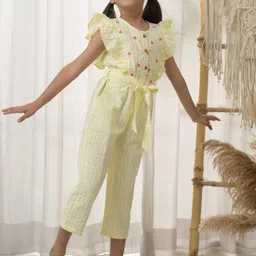 Fairies Forever Girls Checked Waist Tie Up Pure Cotton Basic Jumpsuit with Embroidered-image-6