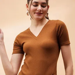 SASSAFRAS BASICS Brown Ribbed V Neck Bodysuit-image-22