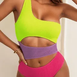 FIESTA RESORTWEAR Colorblocked One Shoulder Padded Cut Out Swim Bodysuit-image-1