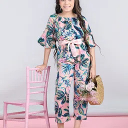 StyleStone Girls Pink Floral Printed Waist Tie Ups Basic Jumpsuit-50
