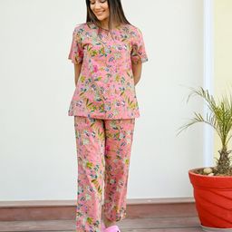 SANSKRUTIHOMES Women Peach-Coloured & Green Printed Pure Cotton Night suit-18