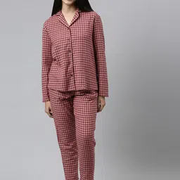 Enamor Women Maroon Checked Night suit-image-93