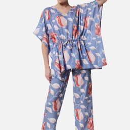 FFLIRTYGO Women Blue & White Printed Kaftan Night suit with Matching Scrunchie-picture-18