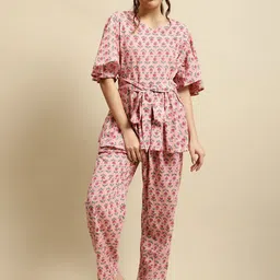 Secret Wish Handblock Floral Printed Pure Cotton Night Suit-image-25