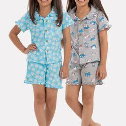 Growing Tree Girls Pack Of 2 Floral Printed Pure Cotton Night Suit-picture-2