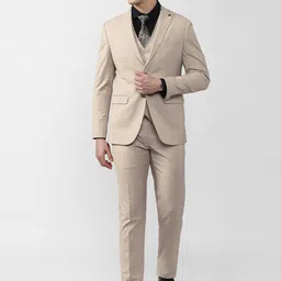 Peter England Elite Men Beige Solid Slim Fit 3 Piece Formal Suit-image-26
