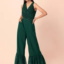 INDYA Green Foil Ruffled Belted Jumpsuit-picture-56
