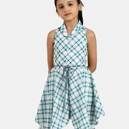 Peppermint Girls Sea Green & White Shawl Neck Checked Jumpsuit-image-46
