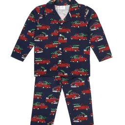 Hippodrome Kids Navy Blue & Red Christmas Vintage Car Printed Night suit-image-6