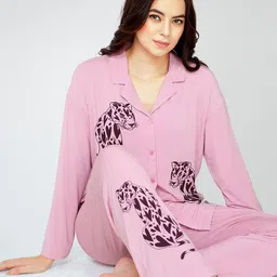 Zeyo Animal Printed Lapel Collar Long Sleeves Night Suit-picture-12