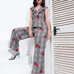 KASSUALLY Grey And Red Floral Printed Ruffled Sleeveless Pure Cotton Basic Jumpsuit-picture-26
