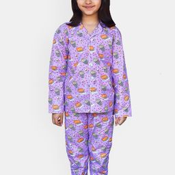 Little Musketeer Girls Lavender Printed Pure Cotton Night Suit-image-21