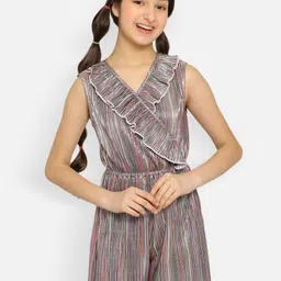 Natilene Girls Striped V Neck Sleeveless Ruffles Playsuit-image-73