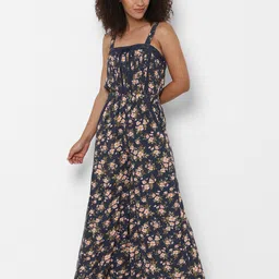 AMERICAN EAGLE OUTFITTERS Women Rayon Navy Blue & Pink Square Neck Printed Basic Jumpsuit-14