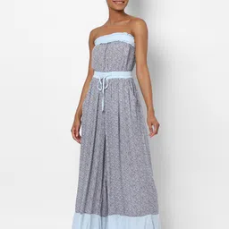 AMERICAN EAGLE OUTFITTERS Blue & Grey Strapless Printed Basic Jumpsuit with Waist Tie-Ups-picture-8
