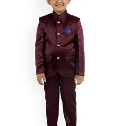 FOURFOLDS Boys Maroon Bandhgala Suit-image-33