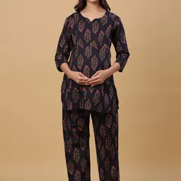 CRAFIQA Ethnic Motifs Printed Pure Cotton Maternity Night Suit-image-67