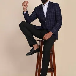 TAHVO Men Blue Checked Single-Breasted Two-Piece Suit-57
