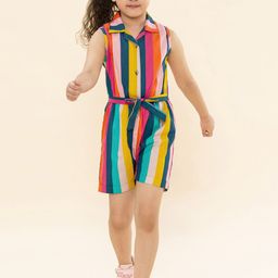 A T U N Girls Striped Cotton Waist Tie-Ups Sleeveless Jumpsuit-image-77