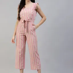 Poshak Hub Womne Pink & Beige Pure Cotton Striped Basic Jumpsuit with Ruffles-picture-3