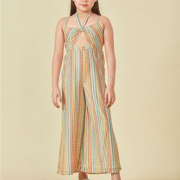 Lil Peacock Girls Geometric Printed Halter Neck Smocked Basic Jumpsuit-40