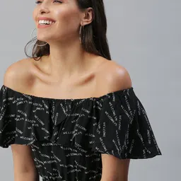 SHOWOFF Black & White Printed Off-Shoulder Cotton Basic Jumpsuit-2