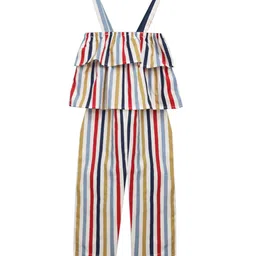 A T U N Girls Blue & White Striped Basic Jumpsuit with Layered-image-91
