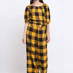 SiaVira Women Black & Yellow Checked Basic Jumpsuit-image-42