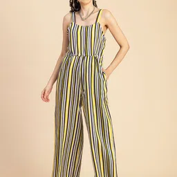 Moomaya Striped Shoulder Straps Waist Tie Up Basic Jumpsuit-picture-21