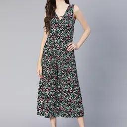 Oxolloxo Women Black & Green Printed Basic Jumpsuit-image-100