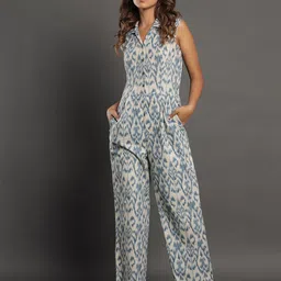 JISORA Women Off White & Blue Printed Basic Jumpsuit-23