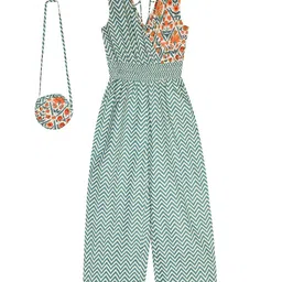 Budding Bees Girls Green & Orange Printed Basic Jumpsuit-image-35