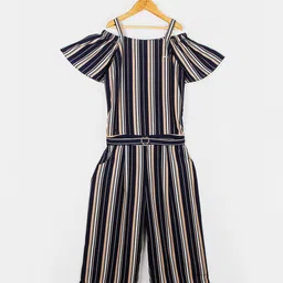 Peppermint Kids-Girls Navy Blue & Beige Off-Shoulder Printed Basic Jumpsuit-image-25