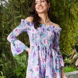 SASSAFRAS Off-Shoulder Floral Printed Bell Sleeves Smocked Playsuit-picture-21