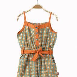 Nino Bambino Girls Orange & Blue Checked Organic Cotton Playsuit-19