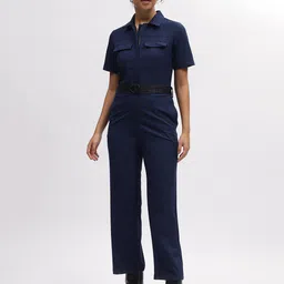 Iconic Shirt Collar Short Sleeves Belted Basic Jumpsuit-image-34