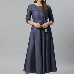 AURELIA Women Navy Blue Solid Chambray Flared Basic Jumpsuit-55